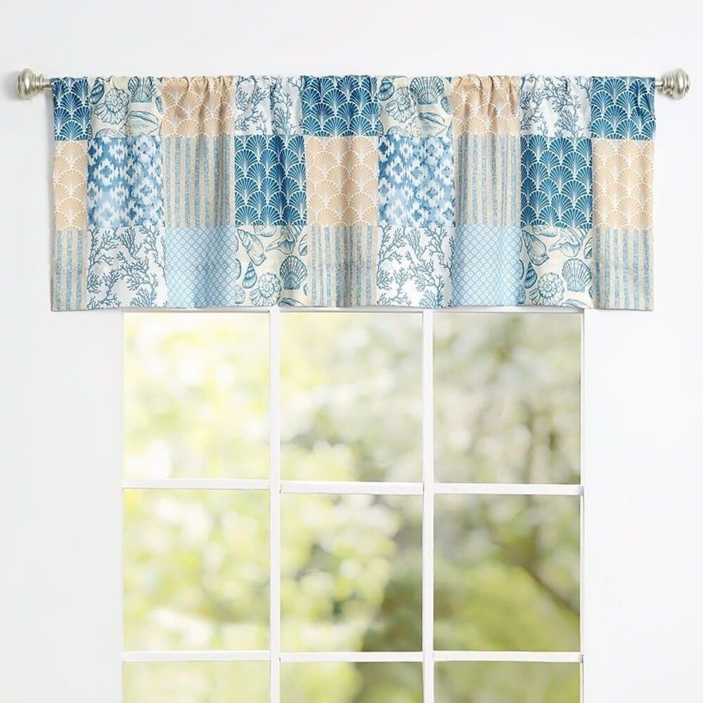 Coral Patch Valance Blue Cream Nautical Patchwork Design Polyester 60 x 18-inch